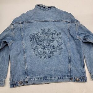 Vintage Tyca Blue Denim Jacket Men's XL Embossed Graphic American Made Eagle USA